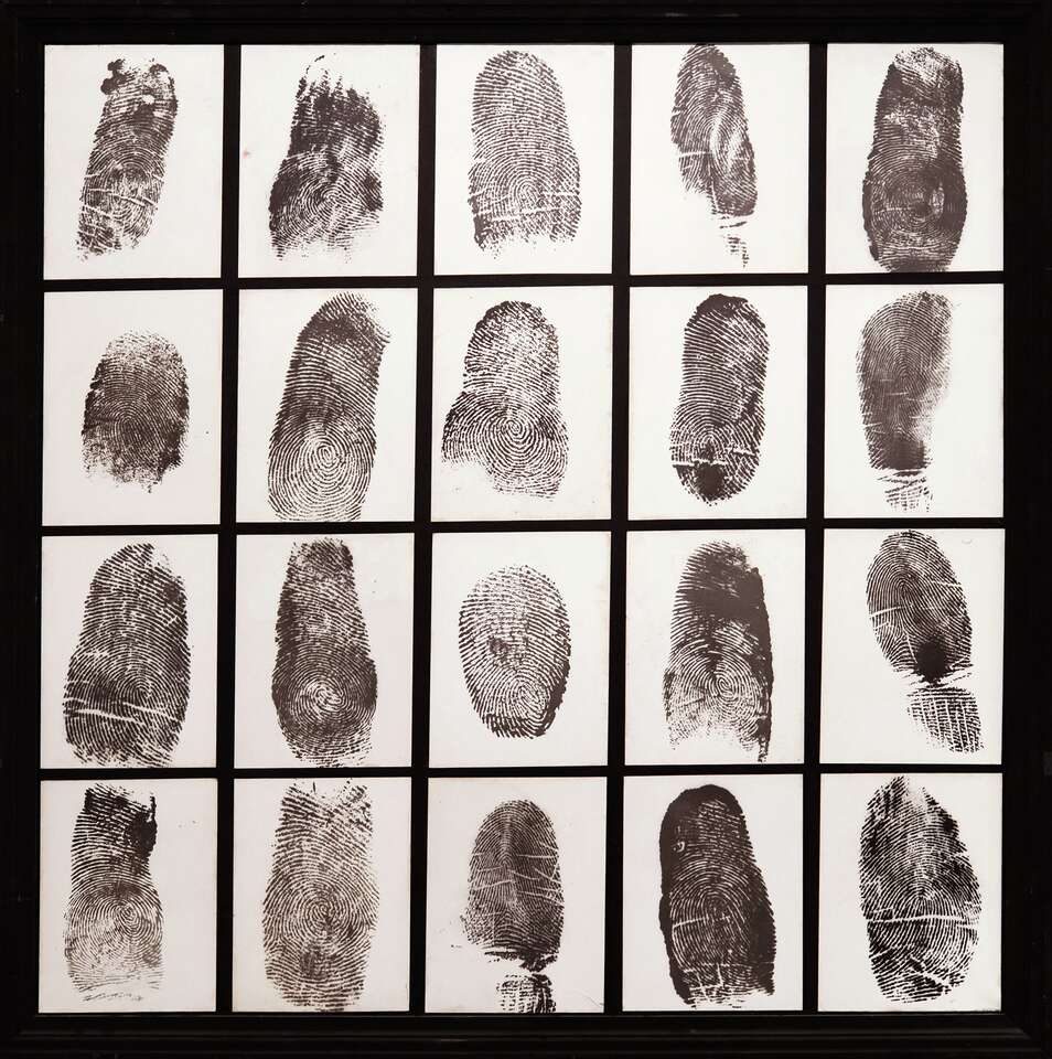 Igor Makarevich. Artwork Stand with black-and-white photos of fingerprints